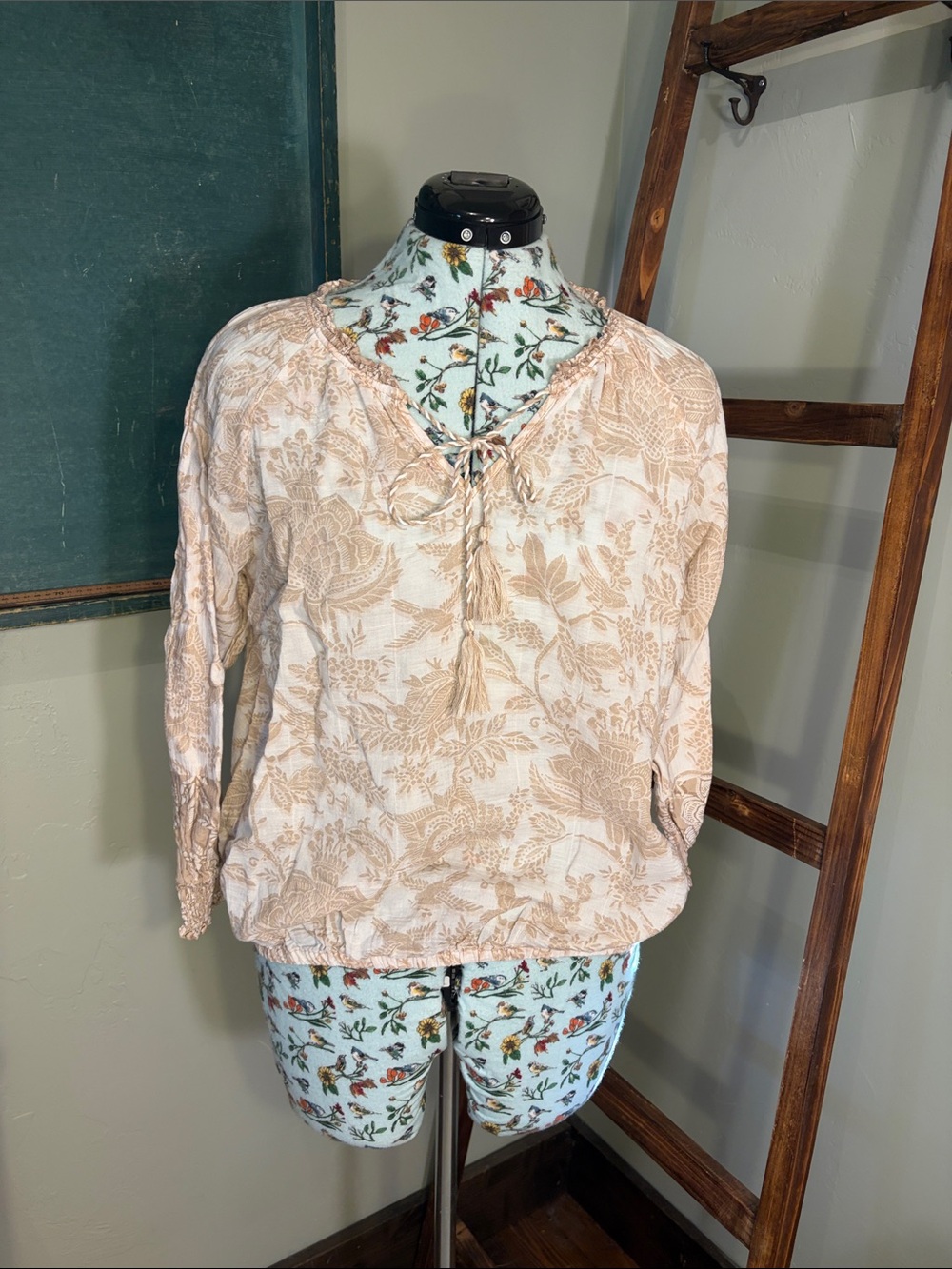 Liverpool Cream Floral Tie-Neck Peasant Blouse